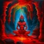 Placeholder: An oil painting of hindu god YAMA in a cave, neon red colors, high detail