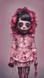 Placeholder: full color, illustration of a darkred and pink tones, menacing, Singer Melanie Martinez face, as a decayed, broken, skin turned translucent, black veins that extended like roots beneath her skin, latex suit, crude homemade cloth doll toy, with a narrow cracked porcelain face, thick dark eyebrows, hair in two gradually, made from ragged strips of cloth, in the style of Alex Pardee, Tim Burton, and Nadya Sheremet
