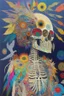 Placeholder: Painting entitled "If you had another hole in your head, your brain would fall out"; neo-surreal skeleton wearing a designer coat of many colors made from mixed media such as feathers, foliage, flowers, gemstones, and shiny sequins that reflect the sun; quilling, award-winning, masterpiece, portfolio piece, fantastical, Intricate, provacative, Hyper-detailed, Holographic, Magnificent, Meticulous, Mysterious