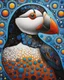 Placeholder: A colorful puffin in the style of Yayoi Kusama, surrounded by circles and dots, with an abstract background. The puffin is depicted as if it were painted using oil paints on canvas, giving it a three-dimensional appearance. It has vibrant colors like blue, red, yellow, green, orange, purple, white, black, brown, silver, and gold. It has intricate patterns that give depth to its form.