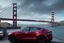 Placeholder: A Tesla 'Model Y' is parked, on the 'Golden Gate' bridge. (CINEMATIC, WIDE ANGLE LENS, PHOTO REAL)