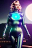 Placeholder: Realistic press image, retro sci-fi, portrait, blonde woman, sweet Marylin Monroe face, perfect iris, glow eyes. tight latex tights suit. Retro Futuristic city, cars flying. epic style, vibrant color, highly detailed, unreal engine 5, ray tracing, RTX, lumen lighting, ultra detail, volumetric lighting, 3d, finely drawn, high definition, high resolution.