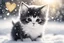 Placeholder: black and white chibi kitten in the snow, under the snow , heart and love in the sunshine, watercolor and black ink outlines, sparkling golden glitter, ethereal, cinematic postprocessing, bokeh, dof