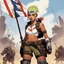 Placeholder: tank girl young with a white flag blocks tall orcs and giants, she is the soldier of peace