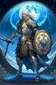 Placeholder: Please create an image for a 30-year old aasimar male with silver hair and a short, square beard and blue eyes but no explicit celestial features. He is a cleric, and standing in the moonlight wearing plate armor and wielding a shield and a warhammer. His equipment carries motifs of the crescent moon