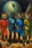 Placeholder: 1970's dark fantasy cover dnd style oil painting of cats with sport outfits with minimalist far perspective. Magazine.