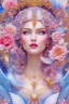 Placeholder: Magnifique woman, lady fairy, facing happy, voluptuous white, pink enchanted flowers, wings magic, long big dress, pink outerspace stars planets, Beautyful smiling, young woman, long hair amazing blue eyes, flowers, happy cosmic, bright colors, blue, pink, gold, jewels, realistic, photo real, clear sunny background, highly detailed, high contrast, 8k high definition, unreal engine 5, extremely sharp detail, light effect, sunny light background