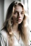 Placeholder: Deep photo, depth of field, shadows, portrait of hot girl, Russian, 21 years old, Instagram, influencer, blonde long messy hair, very light grey eyes, shirt, white background
