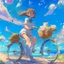 Placeholder: A girl is riding a bicycle on the beach. His cat is sitting in the front basket of the bicycle. Spring flowers can be seen everywhere. Beautiful blue sky with white clouds - kites in the sky. sense of peace. digital art, anime, 8k, full details