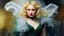 Placeholder: old worn plain canvas, grunge, layered, embossed, double exposure, artistic luminous watercolor, glitter, midground, luminosity, highlights, gold highlights, dark grey green highlights, portrait of victorian gothic platinum blonde woman, red lips, fluffiness, wind, airy fluttering dress, swirls, layered, blending, textured, 3D, 8K, best quality, fine rendering, high detail, hyperrealism, high resolution, high definition, layered, pin sharp, hyperfocus, vignette