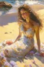 Placeholder: A beautiful happy woman, perfect simmetric face, light brown hair, bare breast and nipples, full body, full figure, lies in the sand next to the sea in romantic floral dress highly detailed intricate pixel art sexy magical sensual Epic patchwork Vicente Romero Redondo in sunshine