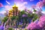 Placeholder: gmountain, old and pink crystal indian PALACE on the mountain,san, swanns,waterfall, BLUE LAKE, SWANNs,fuksia bugainvillier flowers, jacaranda violet trees, sky pink blue, full of details, smooth, bright sunshine，soft light atmosphere, light effect，vaporwave colorful, concept art, smooth, extremely sharp detail, finely tuned detail, ultra high definition, 8 k, unreal engine 5, ultra sharp focus