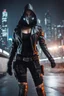 Placeholder: Full body,Half-cyborg female cyberpunk assassin wearing a metal mask, black jacket,walk in night city background