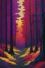 Placeholder: forest in dark red and purple and yellow trees and dark green and dark blue colors only, thin lines draw style , Busch painting style nightmare