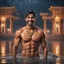 Placeholder: Hyper Realistic handsome Young shirtless muscular short hair Indian king with wet chest smiling & bathing in a lake outside traditionally beautiful Indian palace at heavy rainy night