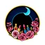 Placeholder: A circular logo designed for a cosmetics store with the symbol of the moon and the colors turquoise, indigo, red, gold and pink, a blue and black circle decorated with cosmetics and nail polish, lipstick, body spray and roses.