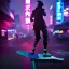 Placeholder: photo of a ninja riding a skateboard; dragon; in an alternate universe in tokyo; cyberpunk; realistic; rain; neon signs