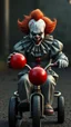 Placeholder: a front view of the clown from the horror movie “IT” riding a children’s tricycle and hold a red ballin , his face skin is a rusted broken skin texture in a 3d rendering full-height image of a grim and dark scene. Ensure the final images exhibit the utmost quality, encompassing 4K, 8K, and 64K resolutions, with 3D rendering that manifests in photorealistic, hyperrealistic, and highly detailed representations. Employ techniques such as HDR, UHD,