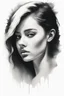 Placeholder: A realistic drawing in negative space black ink on white background of a beautiful girl with clear white face, all picture is bright white