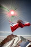 Placeholder: a hungarian flag (red-white-green) on the summit of mount everest by Jean Baptiste Monge in sunshine