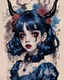 Placeholder: Poster in two gradually, a one side malevolent goth vampire girl face and other side the Singer Melanie Martinez face, full body, painting by Yoji Shinkawa, darkblue and sepia tones, wears a smart shirt which is embroidered with bluered flowers and ornaments, has dark eyes and horns,