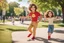 Placeholder: a cute chibi spanish man with short curly brown hair cropped at the back in yellow T-shirt and jeans with a cute chibi contented girl with long brown hair and brown eyes in a red elegant jumpsuit and red high heels, and a chibi girl with blonde brown hair in a beige dress dancing dynamically in Madrid in the Retino park, in sunshine, ethereal, cinematic postprocessing, airplane in the sky