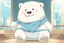 Placeholder: cute fluffy chibi ice bear on an exhibition room with stands in sunshine