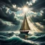 Placeholder: Landscape with cloudy sky, where sunbeams penetrate, illuminating a sailboat at high sea., fantastic realism, bohemian, heliochrome