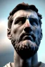 Placeholder: Ultra Realistic image, roman sculpture, white marble material, Lionel Messi, emperor Laurel crown, miguel angel style, chisel style, emperador, waist up portrait, epic, celestial, cinematic lighting, God light, god rays, 4k resolution, smooth details, ornate details, soft lighting, unreal engine 5, sky and clouds background.