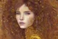 Placeholder: Dynamically dancing long haired brunette woman, in Klimt style, in ochre, watercolor and ink, golden glitters