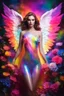 Placeholder: Gorgeous Realistic Photography Super Model European Beautiful Woman as Angel with clothing abstracts flowers luxury casual body latex dressing painting art neons rainbow colors glowing in the dark and colorful details, light leaks boleh colors,flowers background