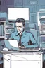 Placeholder: Lonely boy in a pc, coloured comic style, blue tones,