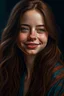 Placeholder: Young beautiful woman, long hair, elegant, too beautiful, Trader Forex, highly detailed deep colors highly realistic, ruddy skin, beautiful, full lips, smiling, feeling of lightness and joy, hyper-realism, skin very elaborated, direct gaze,