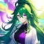 Placeholder: Clear focus, 8k, beautiful lighting, vibrant colors, girl, green hair, long hair, vibrant purple eyes, ponytail, messy hair, hair in between the eyes,