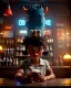 Placeholder: Pub scene, hybrid character, waitress sexy British woman with monster muppet mask that covers her entire head, Sesame Street style, retro style, short shirt, tray, beer, old school tattoo, hot, smooth, unreal engine 5, god lights, ray tracing, RTX, lumen lighting, ultra detail, volumetric lighting, 3d.