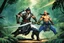 Placeholder: (in the style of Orion, by Masamune Shirow) DUEL: a tattooed gangsta monk with his staff fights against a paladin knight with his two handed sword zweihander in the jungle
