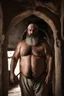 Placeholder: Full human figure shot photo captures a chubby 34-year-old turkish farmer, burly frame with a prominent broken nose, an extensive silver beard cascading down, emanating strength through a muscular, beefy physique, shirtless to reveal a robust chest and wide shoulders, side-lit in a shadowy space, perspective from the ground, photorealistic, ultra clear, dramatic lighting, cinematic.