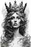 Placeholder: A realistic drawing in negative space black ink on white background of a king crown of thorns over a beautiful women in a mirror baroque with very defined tearing eyes and correct details and brushstrokes smoke around it