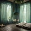 Placeholder: a gorgeous, stunning spa with gauzy curtains, dark wood floor, decorative blue-green ocean in glass ball, plants, smooth black stones, candles, 8k resolution, high-quality, fine-detail, digital art, detailed matte, volumetric lighting, illustration, 3D octane render, brian froud, howard lyon, selina french, anna dittmann, annie stokes, lisa parker, greg rutowski, George Grie, Ben Goossens, Igor Morski