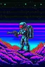 Placeholder: Astronaut with laser gun in pixel art on a wild planet