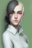 Placeholder: full length colour drawing, portrait, 22-year old friendly female human cleric, shaved head, light eyebrows, grey eyes, wearing white (10%) and dark green (80%)