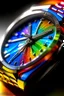 Placeholder: A close-up image of a dazzling rainbow watch, focusing on the reflection of the sunlight on its metallic elements and the play of colors on its face.