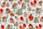 Placeholder: giftwrap pattern with watercolor of miniature teapots, children's book illustration, white parchment paper, wrapping paper, white linen, in the style of e. h. shepard, in the style of classic winnie the pooh