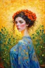 Placeholder: a redeeming, healing enchantress, who alone can turn nauseous thoughts of the horror or absurdity of existence into ideas compatible with life; Post-Impressionist painting inspired by Klimt and Hundertwasser; Golden Hour; Exquisitely Detailed; Foliage Palette