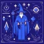 Placeholder: blue color scheme, a wizard, magical theme, art-deco style, a flat design logo