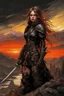 Placeholder: A formidable warrior girl in black armor, on the background Amazing gloomy landscape, flooded with sunset, mountains, trees, fabulous scary hero, , juicy emotions, painting, dark fantasy, gloomy day, dark world, portrait, Gothic Town At Night, Fantasy, Intricate Details, Castle Courtyard Gardens, Hyper Detailed, Jean Baptiste Monge, Carne Griffiths, Michael Garmash, Seb Mckinnon, Masterpiece