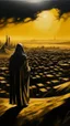 Placeholder: oil painting of a city of gold That lies in the distance with big black hooded shadow in the background