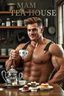 Placeholder: a young mechanic man with huge muscles and his top off enjoying high tea by himshelf with little cakes, with large title( greased tatas member TEA HOUSE)