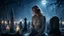 Placeholder: High-resolution, ultra-realistic, 4K cinematic image of a dimly lit villager cemetery at 3am. A blonde very sad woman dressed in white vintage Nightgown. With an expression of pain, closed eyes, crying, surrounded by tombstones and some dark tree, some candle, dark blue night with stars.