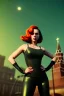 Placeholder: retro portrait image from 1960, Moscow background, wind, long red hair, fighting stance, sweet young Scarlett Johansson, classic tight lycra black suit, weapon, gold bracelet and belt, high heel boots, soft color, highly detailed, unreal engine 5, ray tracing, RTX, lumen lighting, ultra detail, volumetric lighting, 3d, finely drawn, high definition, high resolution.